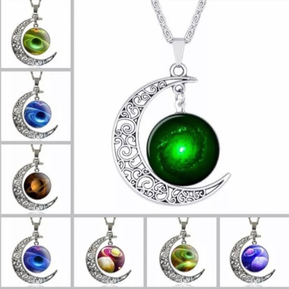 Galaxy & Crescent Moon Pendant Necklace